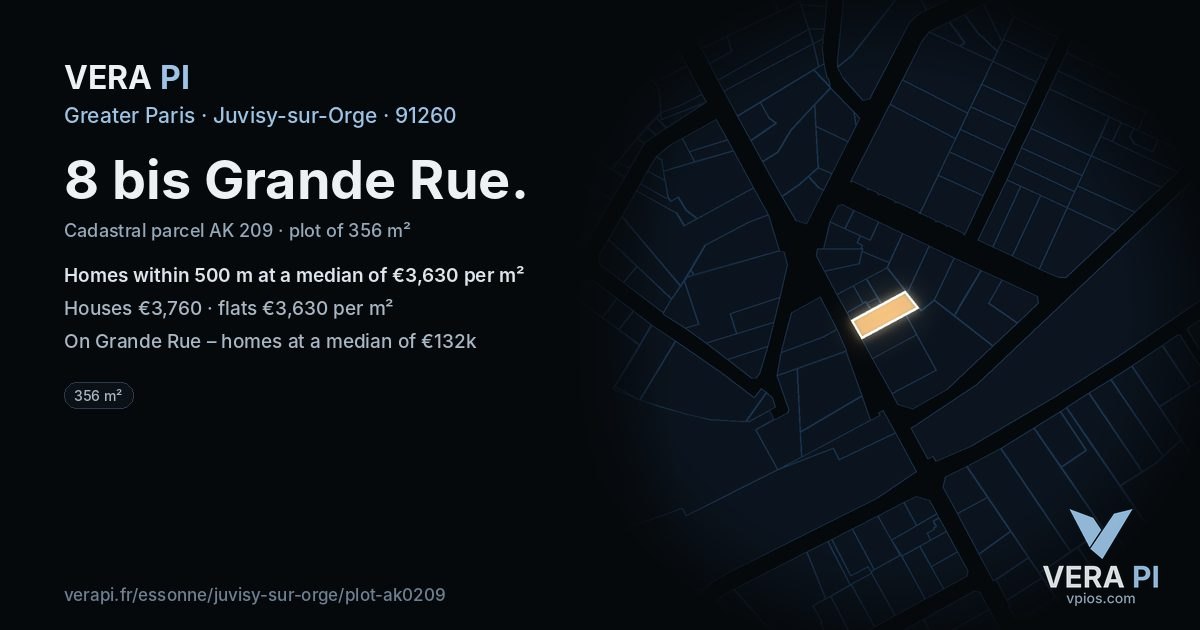 8 bis Grande Rue, Juvisy-sur-Orge at night – the plot lit, the parcels around coloured by the prices near them