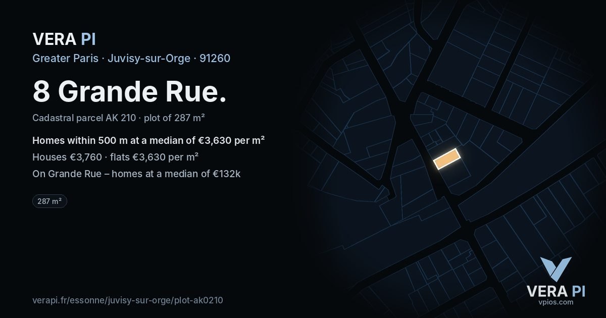 8 Grande Rue, Juvisy-sur-Orge at night – the plot lit, the parcels around coloured by the prices near them