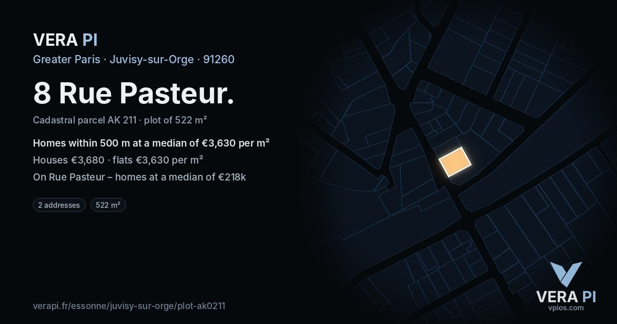 8 Rue Pasteur, Juvisy-sur-Orge at night – the plot lit, the parcels around coloured by the prices near them