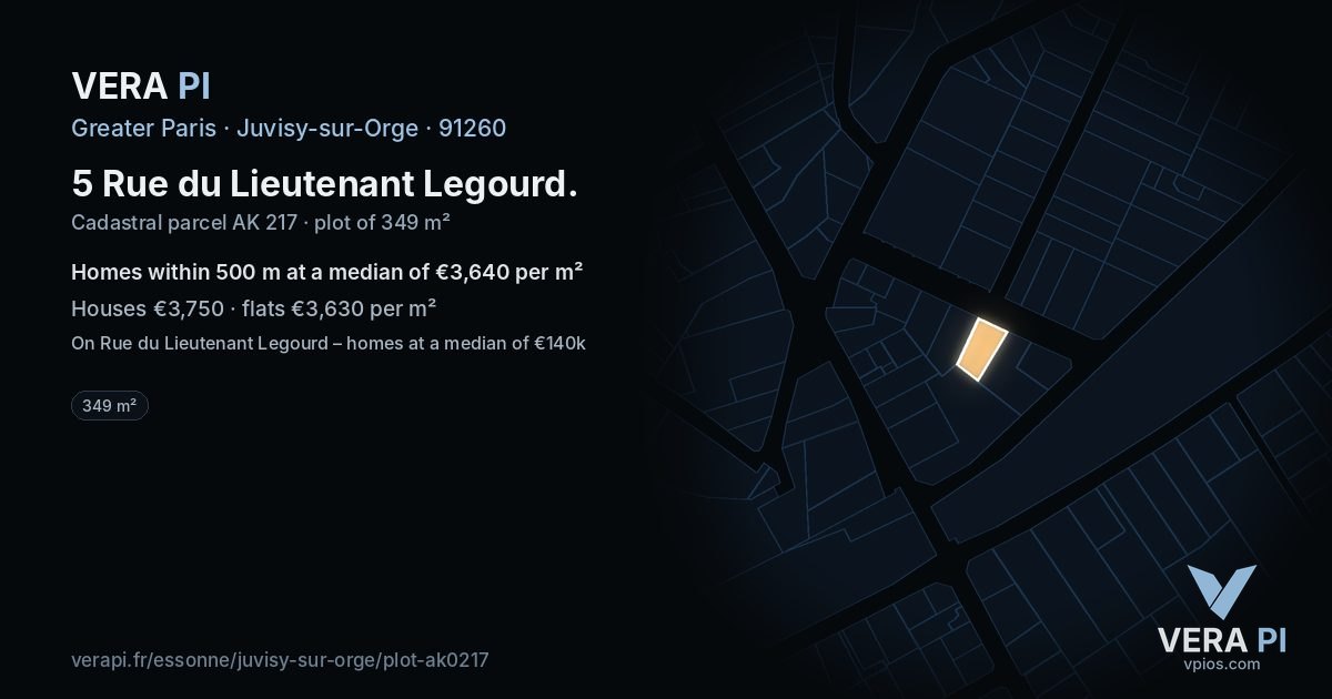 5 Rue du Lieutenant Legourd, Juvisy-sur-Orge at night – the plot lit, the parcels around coloured by the prices near them