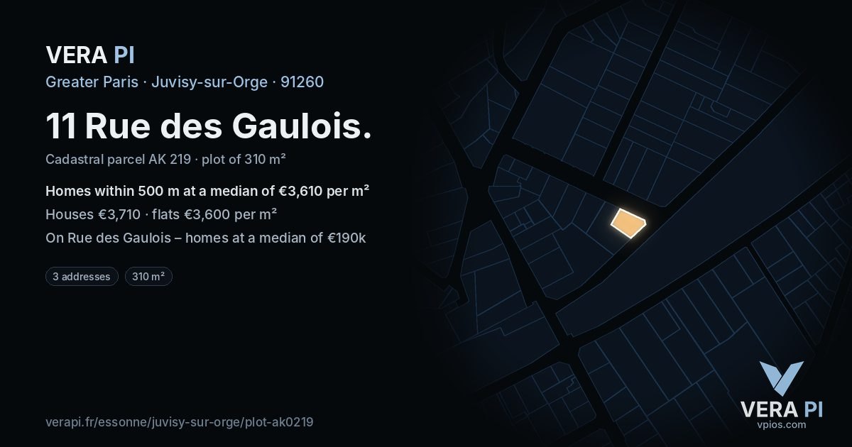 11 Rue des Gaulois, Juvisy-sur-Orge at night – the plot lit, the parcels around coloured by the prices near them