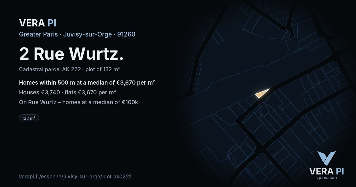 2 Rue Wurtz, Juvisy-sur-Orge at night – the plot lit, the parcels around coloured by the prices near them