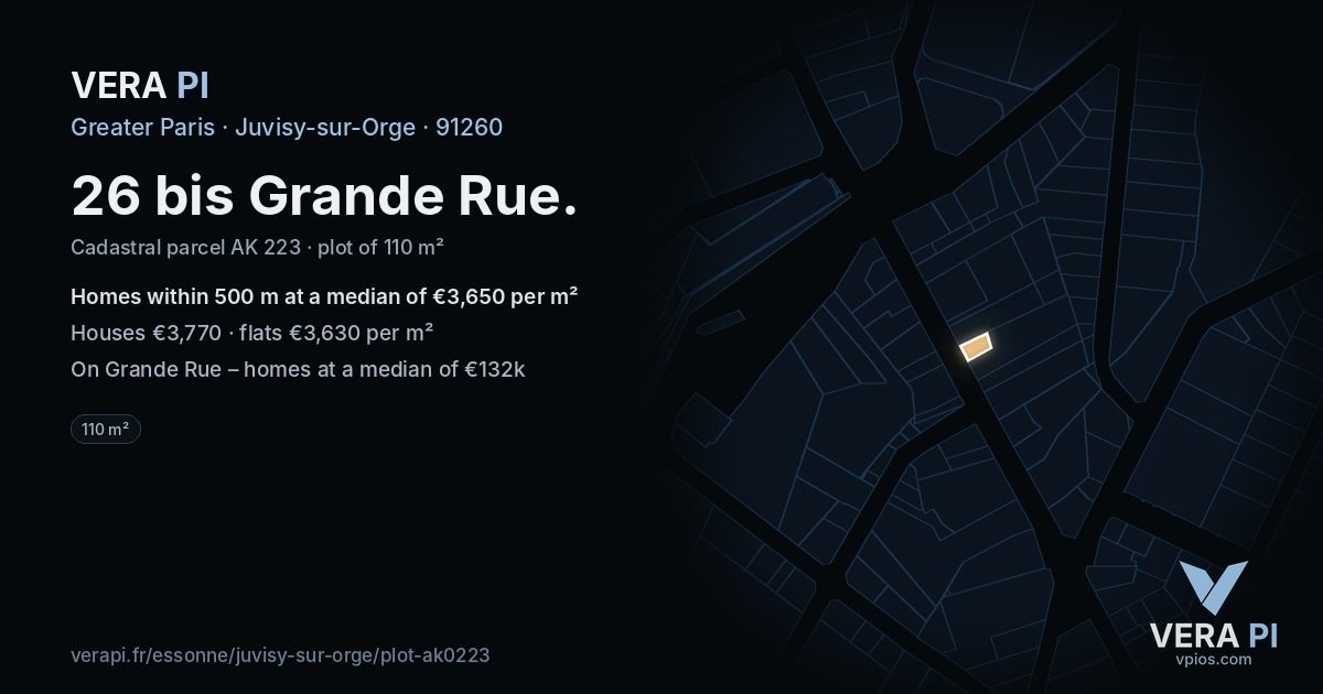 26 bis Grande Rue, Juvisy-sur-Orge at night – the plot lit, the parcels around coloured by the prices near them