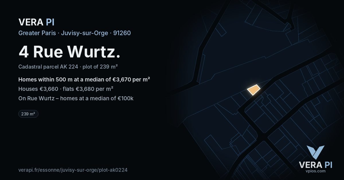 4 Rue Wurtz, Juvisy-sur-Orge at night – the plot lit, the parcels around coloured by the prices near them