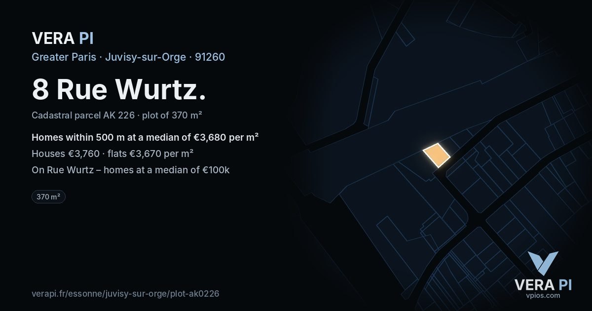 8 Rue Wurtz, Juvisy-sur-Orge at night – the plot lit, the parcels around coloured by the prices near them