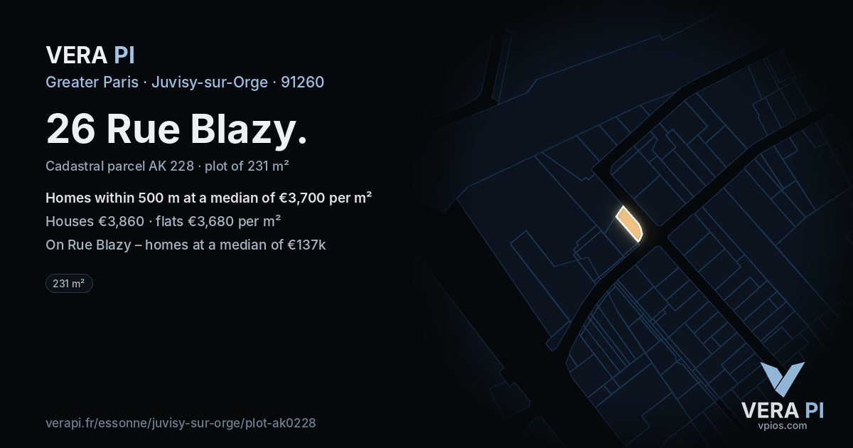 26 Rue Blazy, Juvisy-sur-Orge at night – the plot lit, the parcels around coloured by the prices near them