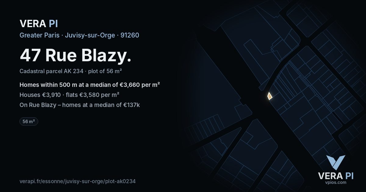 47 Rue Blazy, Juvisy-sur-Orge at night – the plot lit, the parcels around coloured by the prices near them