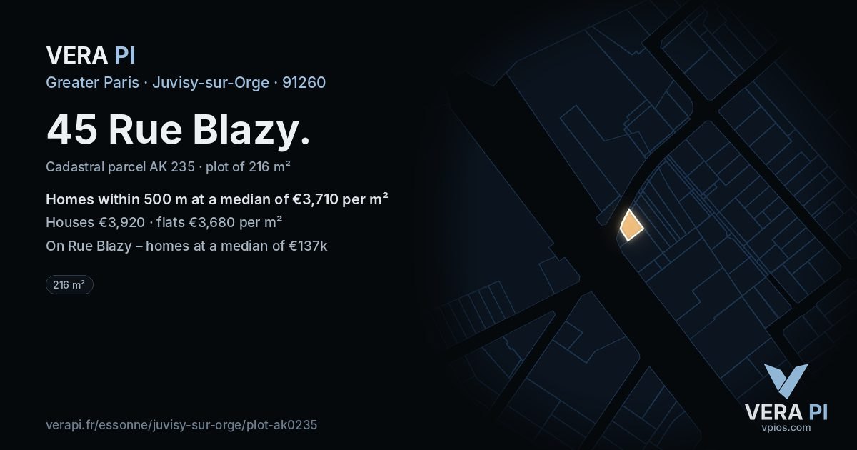 45 Rue Blazy, Juvisy-sur-Orge at night – the plot lit, the parcels around coloured by the prices near them