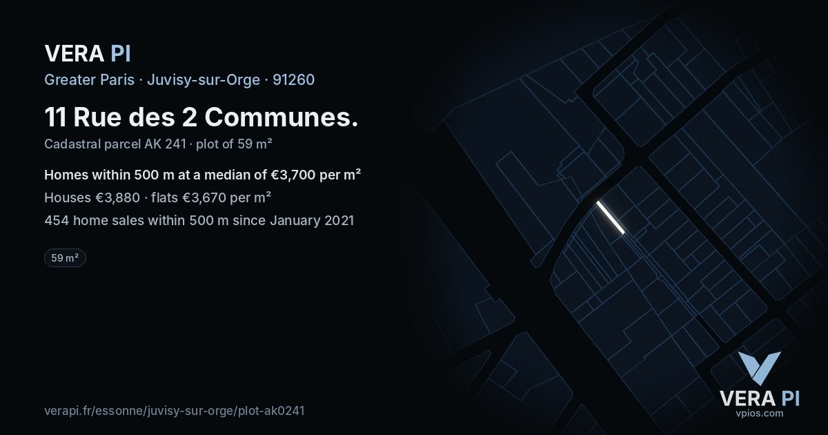 11 Rue des 2 Communes, Juvisy-sur-Orge at night – the plot lit, the parcels around coloured by the prices near them