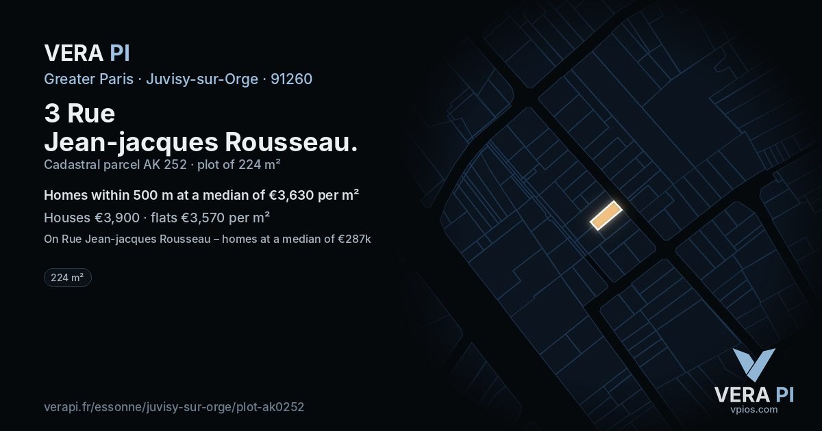 3 Rue Jean-jacques Rousseau, Juvisy-sur-Orge at night – the plot lit, the parcels around coloured by the prices near them
