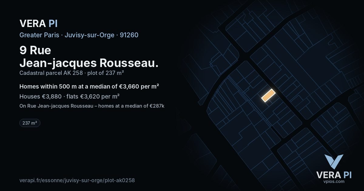 9 Rue Jean-jacques Rousseau, Juvisy-sur-Orge at night – the plot lit, the parcels around coloured by the prices near them