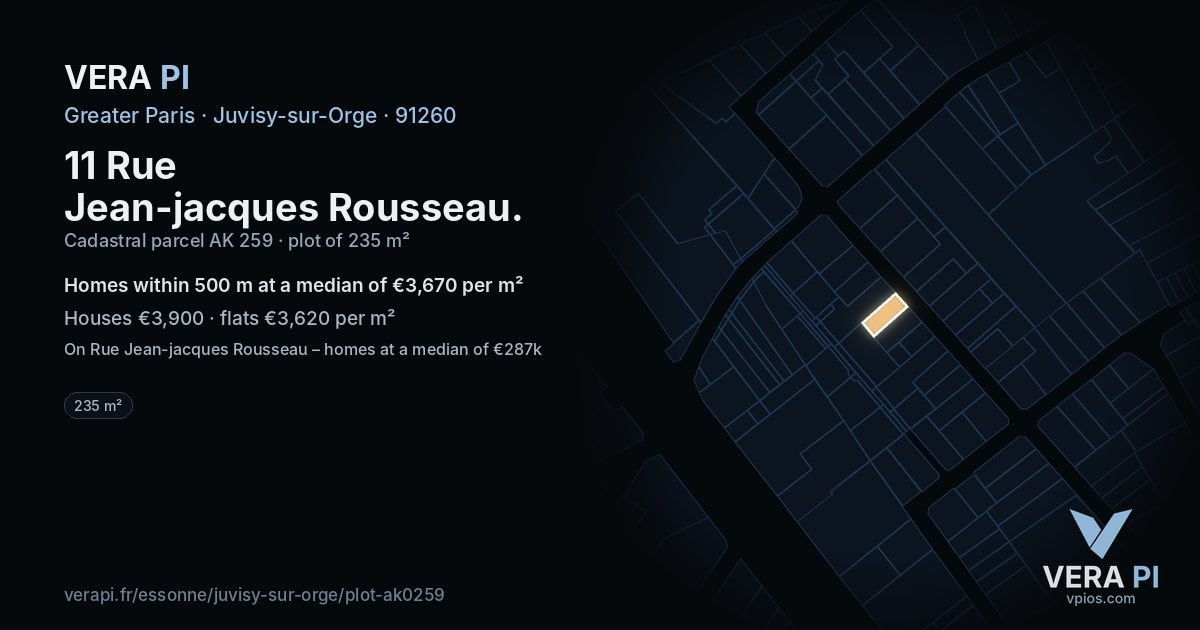 11 Rue Jean-jacques Rousseau, Juvisy-sur-Orge at night – the plot lit, the parcels around coloured by the prices near them