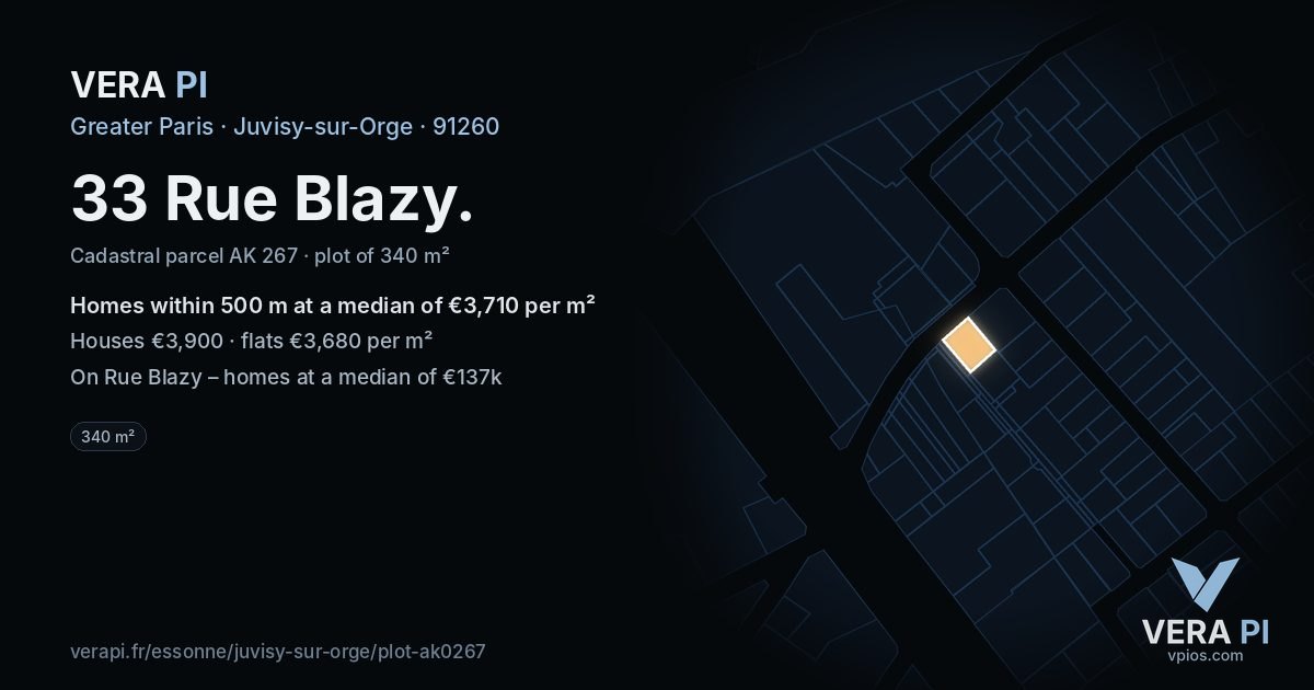 33 Rue Blazy, Juvisy-sur-Orge at night – the plot lit, the parcels around coloured by the prices near them