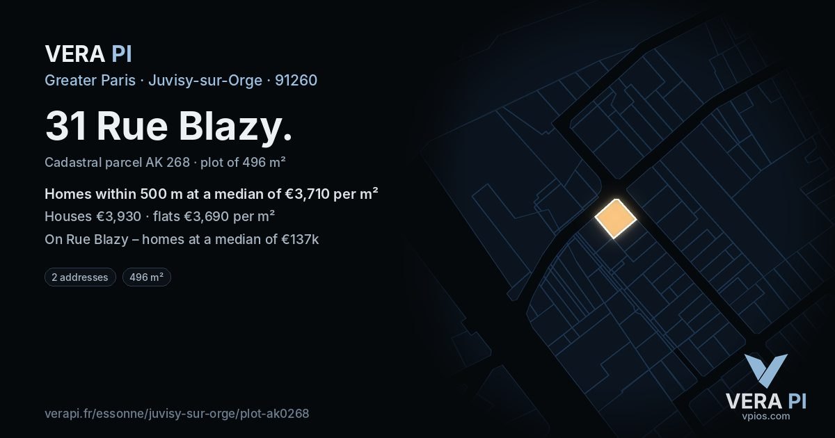 31 Rue Blazy, Juvisy-sur-Orge at night – the plot lit, the parcels around coloured by the prices near them