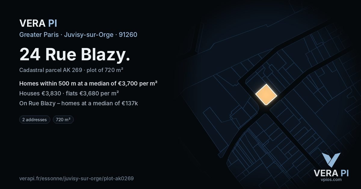 24 Rue Blazy, Juvisy-sur-Orge at night – the plot lit, the parcels around coloured by the prices near them