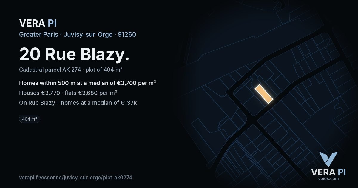 20 Rue Blazy, Juvisy-sur-Orge at night – the plot lit, the parcels around coloured by the prices near them