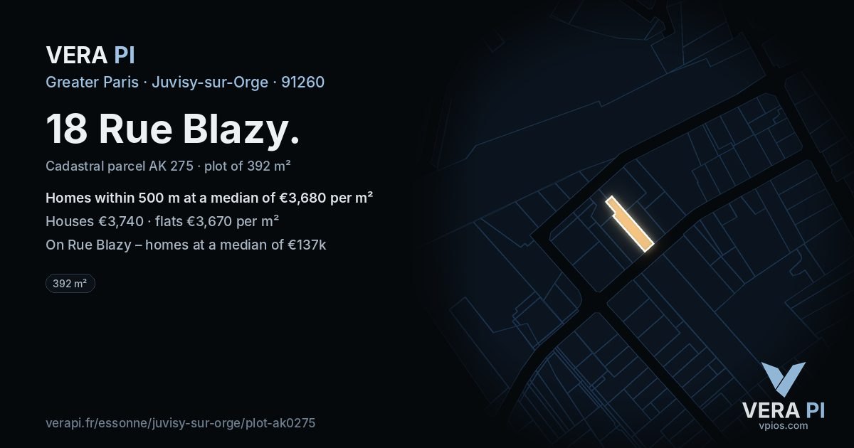 18 Rue Blazy, Juvisy-sur-Orge at night – the plot lit, the parcels around coloured by the prices near them