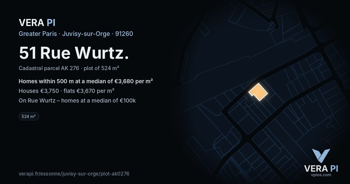 51 Rue Wurtz, Juvisy-sur-Orge at night – the plot lit, the parcels around coloured by the prices near them