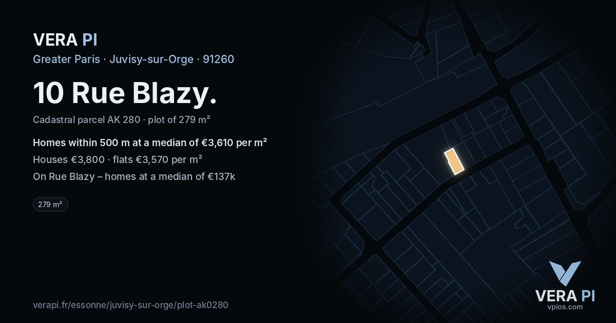 10 Rue Blazy, Juvisy-sur-Orge at night – the plot lit, the parcels around coloured by the prices near them