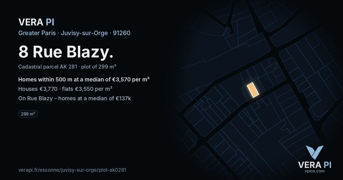 8 Rue Blazy, Juvisy-sur-Orge at night – the plot lit, the parcels around coloured by the prices near them