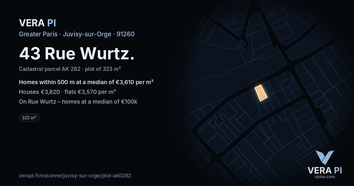 43 Rue Wurtz, Juvisy-sur-Orge at night – the plot lit, the parcels around coloured by the prices near them