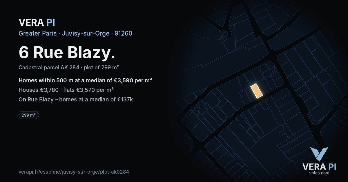 6 Rue Blazy, Juvisy-sur-Orge at night – the plot lit, the parcels around coloured by the prices near them