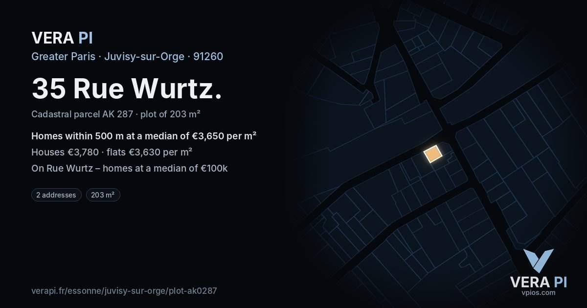 35 Rue Wurtz, Juvisy-sur-Orge at night – the plot lit, the parcels around coloured by the prices near them