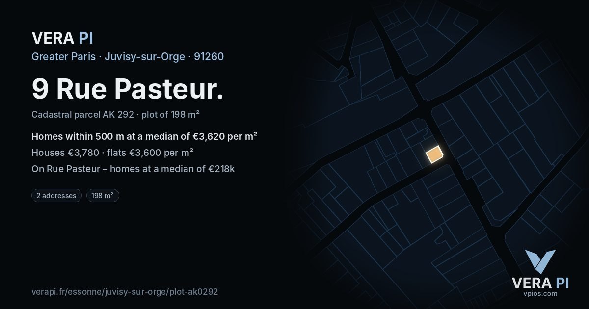 9 Rue Pasteur, Juvisy-sur-Orge at night – the plot lit, the parcels around coloured by the prices near them