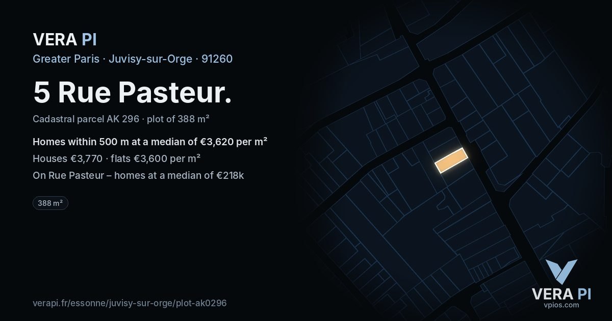 5 Rue Pasteur, Juvisy-sur-Orge at night – the plot lit, the parcels around coloured by the prices near them