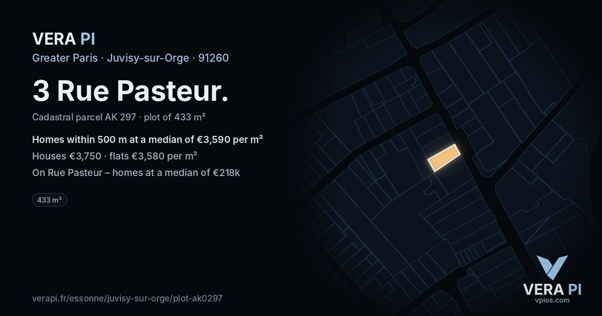 3 Rue Pasteur, Juvisy-sur-Orge at night – the plot lit, the parcels around coloured by the prices near them