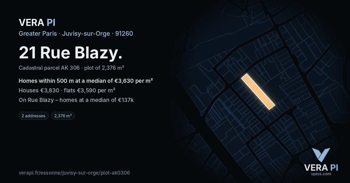 21 Rue Blazy, Juvisy-sur-Orge at night – the plot lit, the parcels around coloured by the prices near them