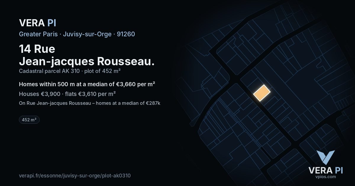14 Rue Jean-jacques Rousseau, Juvisy-sur-Orge at night – the plot lit, the parcels around coloured by the prices near them