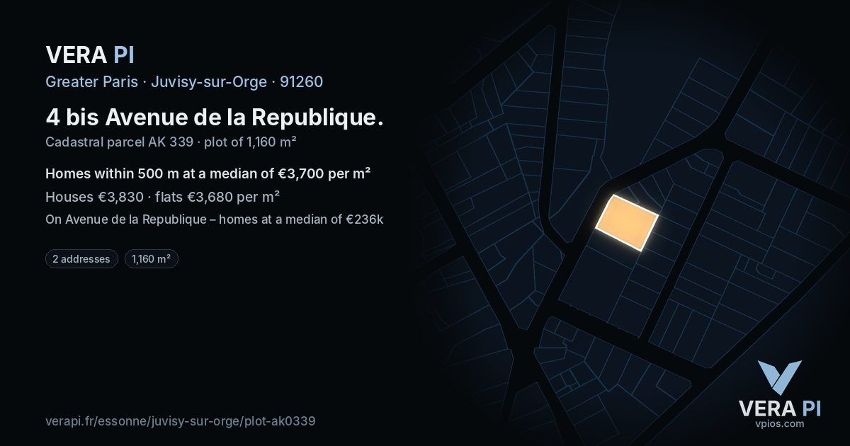 4 bis Avenue de la Republique, Juvisy-sur-Orge at night – the plot lit, the parcels around coloured by the prices near them