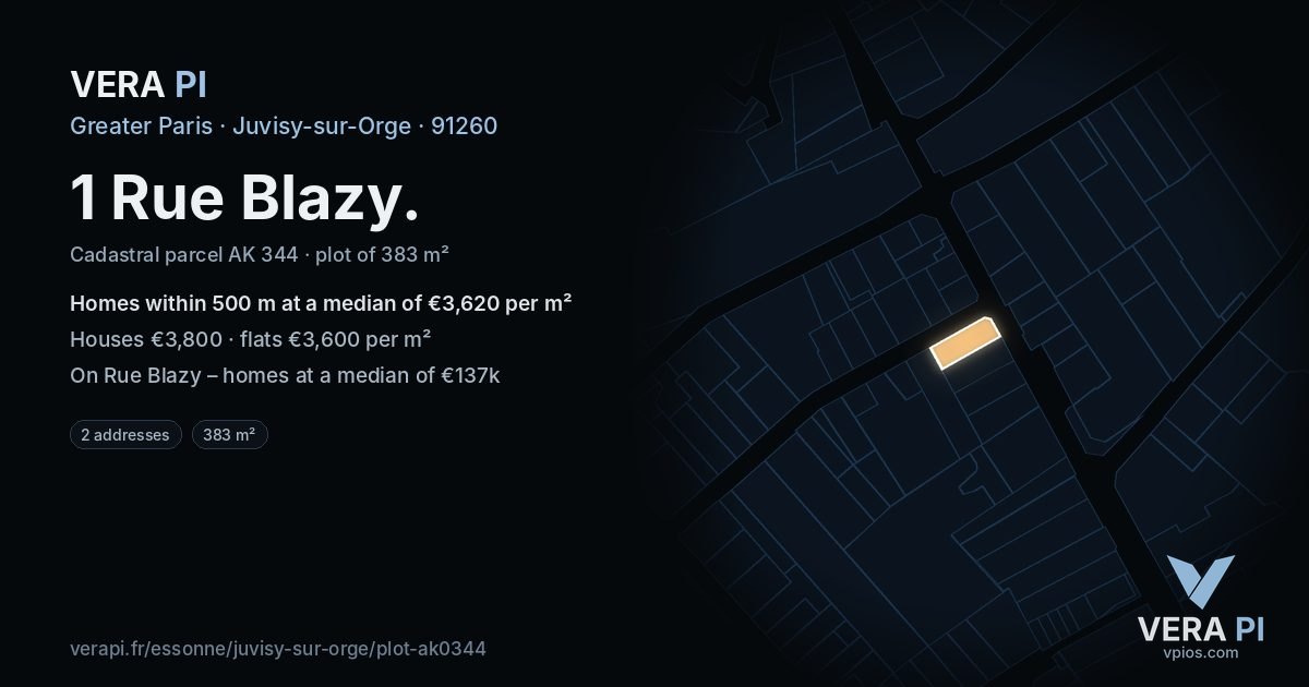 1 Rue Blazy, Juvisy-sur-Orge at night – the plot lit, the parcels around coloured by the prices near them