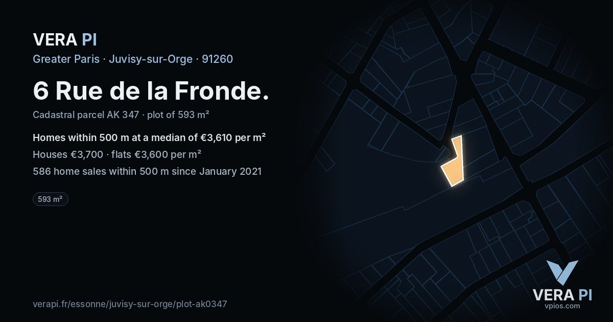 6 Rue de la Fronde, Juvisy-sur-Orge at night – the plot lit, the parcels around coloured by the prices near them