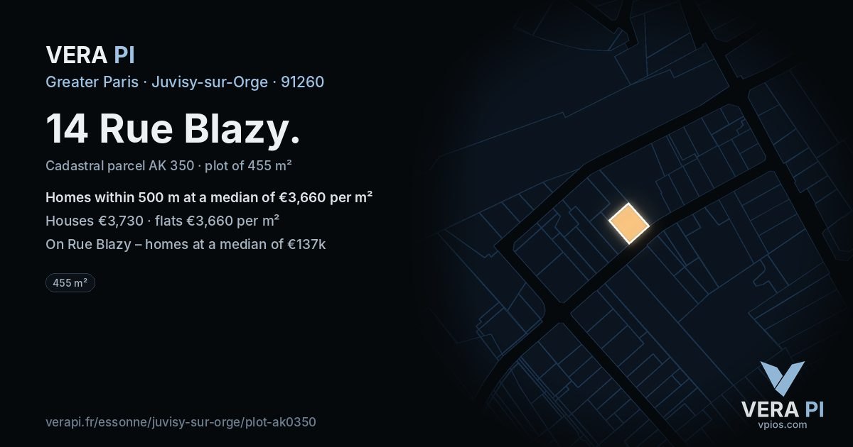 14 Rue Blazy, Juvisy-sur-Orge at night – the plot lit, the parcels around coloured by the prices near them