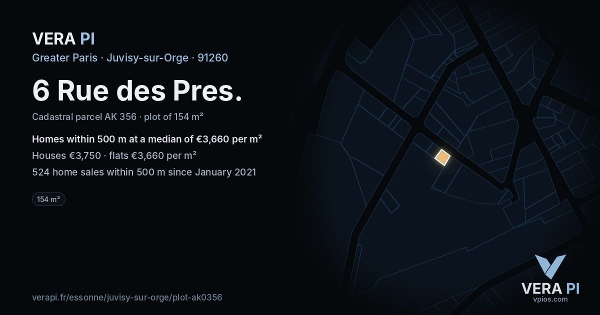 6 Rue des Pres, Juvisy-sur-Orge at night – the plot lit, the parcels around coloured by the prices near them