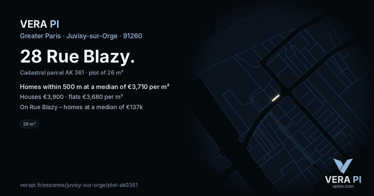 28 Rue Blazy, Juvisy-sur-Orge at night – the plot lit, the parcels around coloured by the prices near them