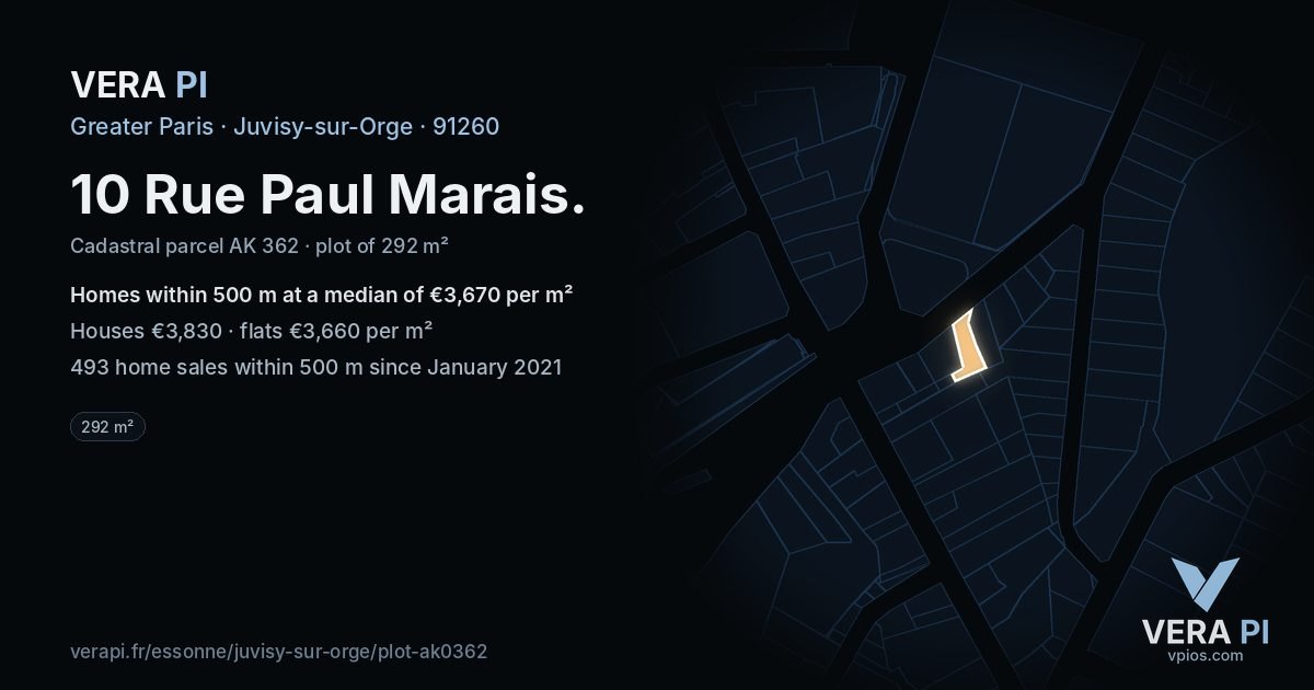 10 Rue Paul Marais, Juvisy-sur-Orge at night – the plot lit, the parcels around coloured by the prices near them