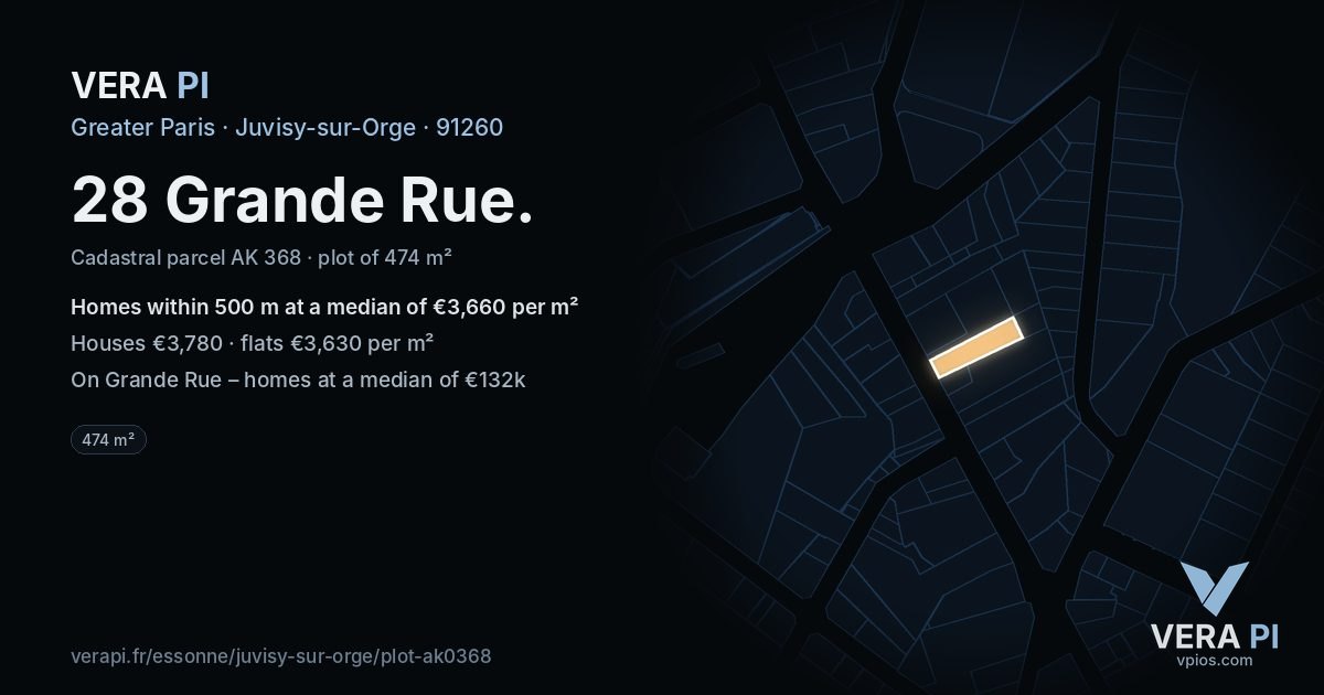 28 Grande Rue, Juvisy-sur-Orge at night – the plot lit, the parcels around coloured by the prices near them