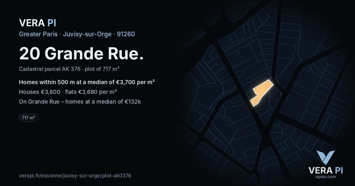 20 Grande Rue, Juvisy-sur-Orge at night – the plot lit, the parcels around coloured by the prices near them