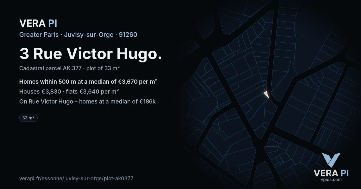 3 Rue Victor Hugo, Juvisy-sur-Orge at night – the plot lit, the parcels around coloured by the prices near them