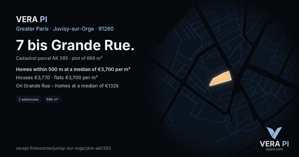 7 bis Grande Rue, Juvisy-sur-Orge at night – the plot lit, the parcels around coloured by the prices near them