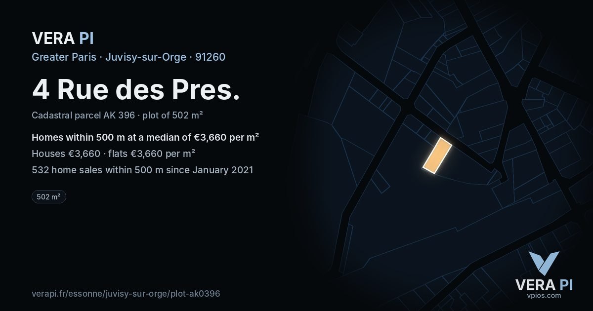 4 Rue des Pres, Juvisy-sur-Orge at night – the plot lit, the parcels around coloured by the prices near them