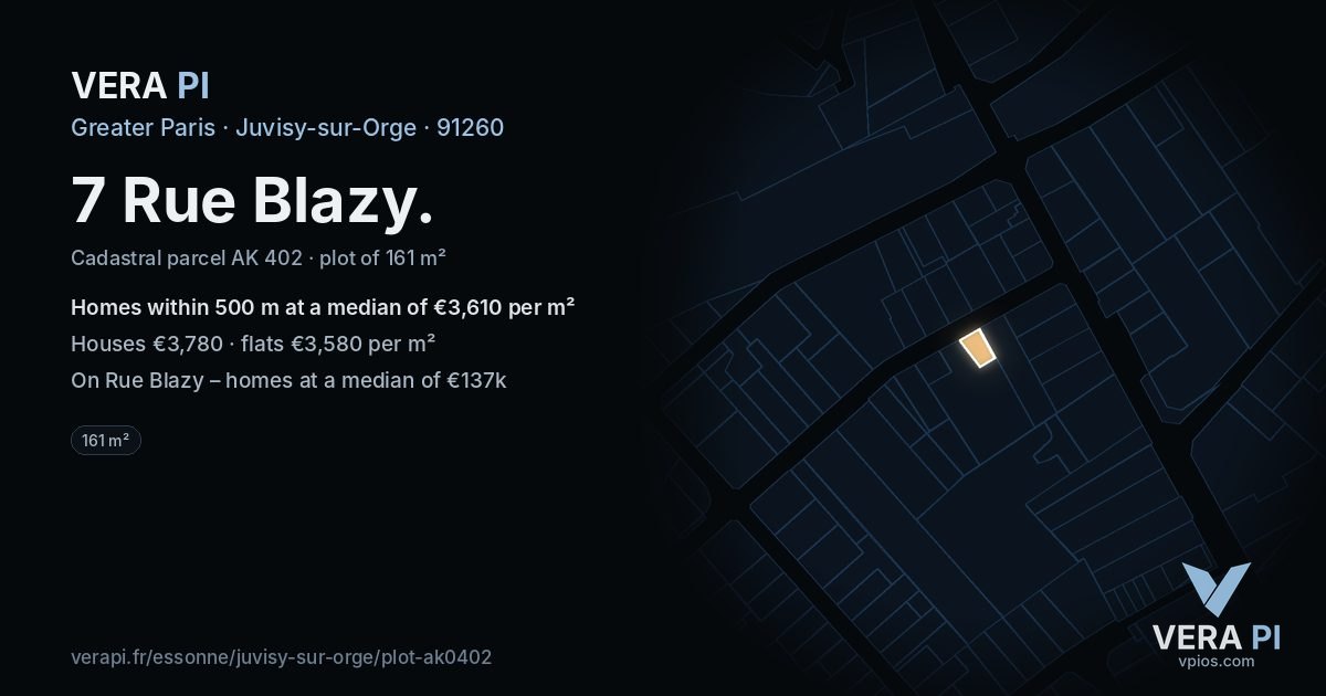 7 Rue Blazy, Juvisy-sur-Orge at night – the plot lit, the parcels around coloured by the prices near them