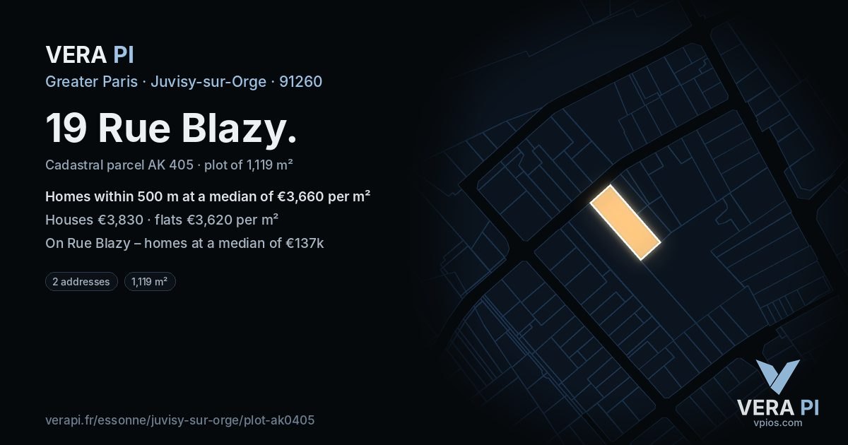 19 Rue Blazy, Juvisy-sur-Orge at night – the plot lit, the parcels around coloured by the prices near them