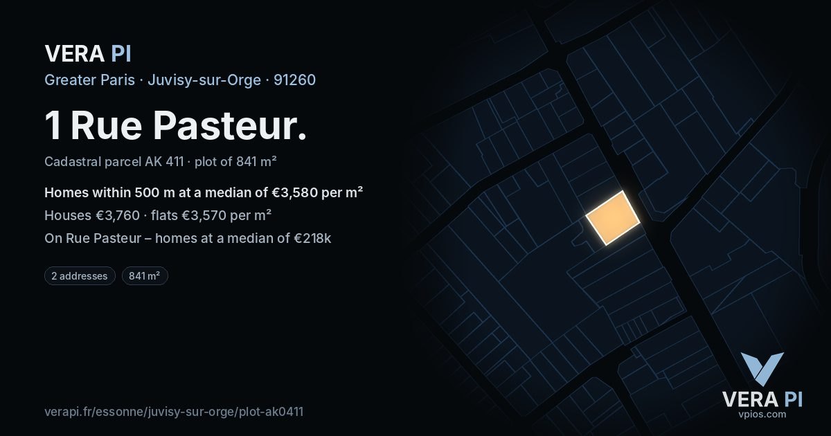 1 Rue Pasteur, Juvisy-sur-Orge at night – the plot lit, the parcels around coloured by the prices near them
