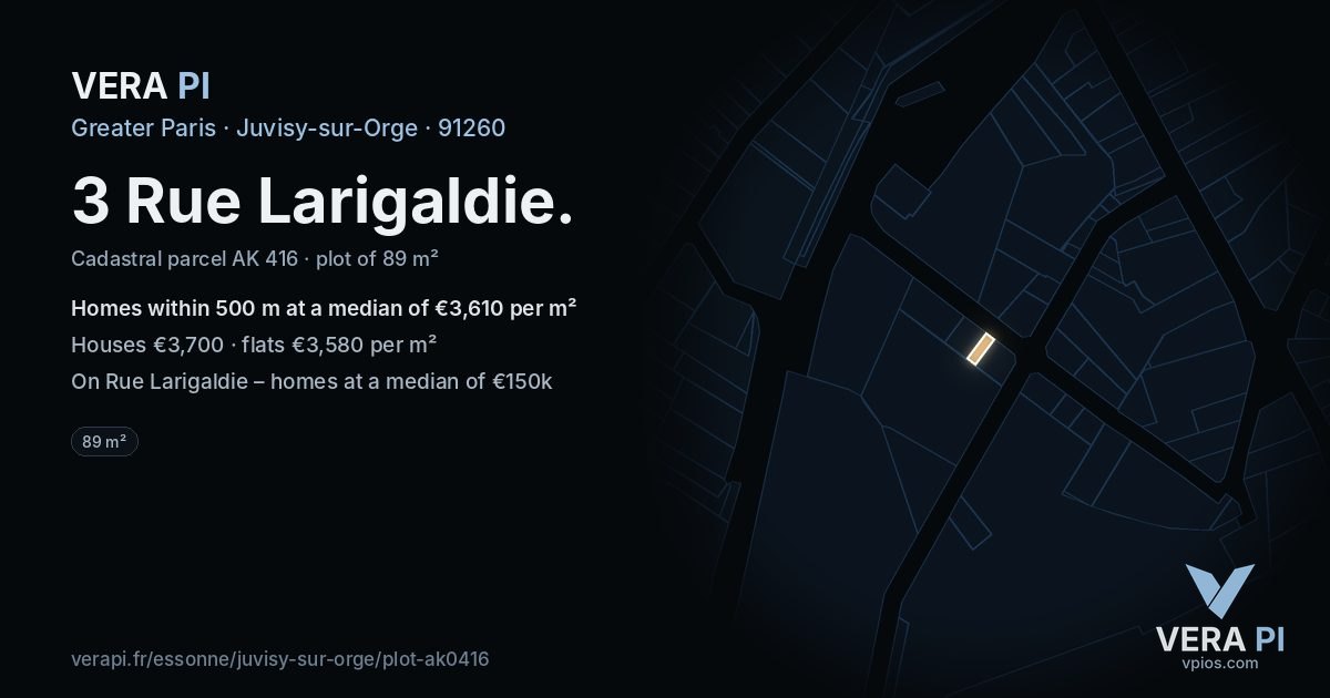 3 Rue Larigaldie, Juvisy-sur-Orge at night – the plot lit, the parcels around coloured by the prices near them