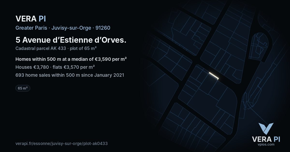5 Avenue d’Estienne d’Orves, Juvisy-sur-Orge at night – the plot lit, the parcels around coloured by the prices near them