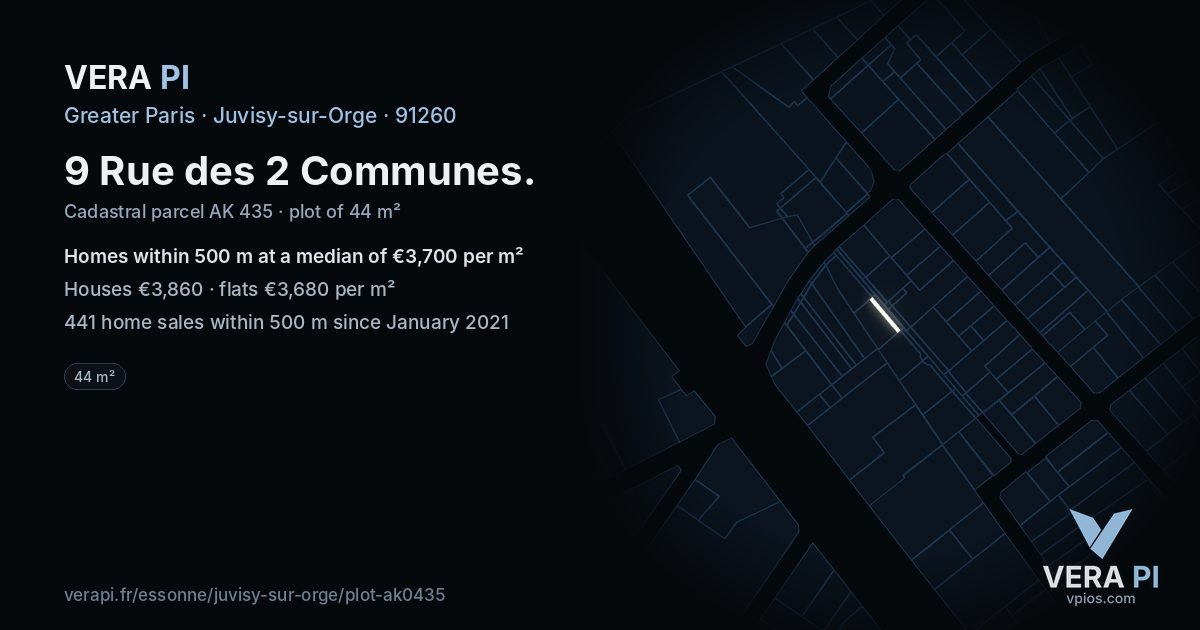 9 Rue des 2 Communes, Juvisy-sur-Orge at night – the plot lit, the parcels around coloured by the prices near them